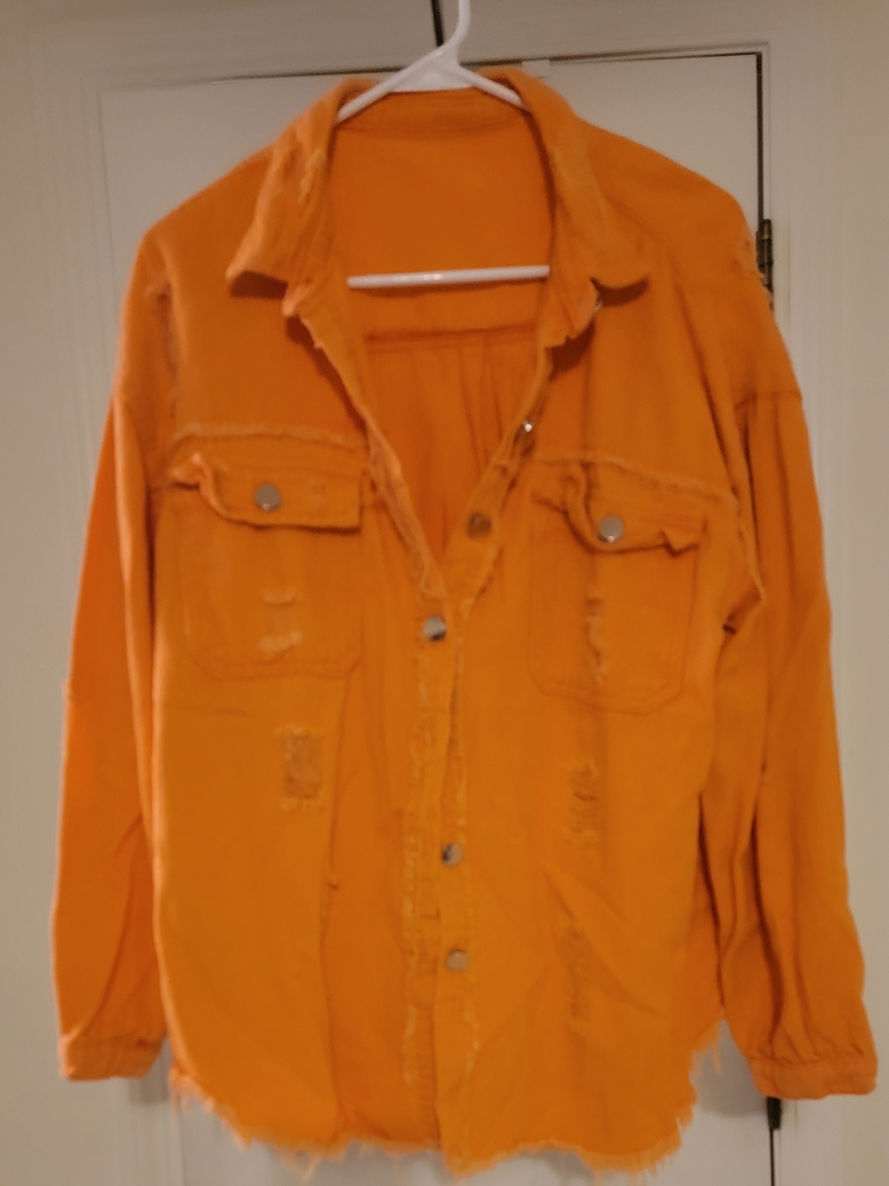 Orange Distressed Women's Jacket - Casual Button-Up